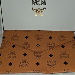 MCM Cognac Envelope Clutch with Black Accents